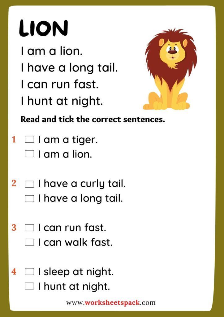 the lion worksheet for kids to learn how to read and practice their reading skills