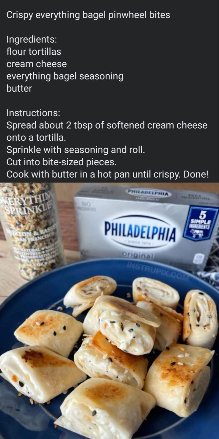 some food is sitting on a blue plate and has instructions for how to make them