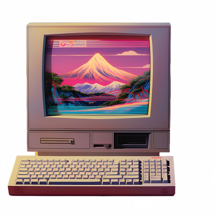 an old computer with a mountain scene on it's screen and keyboard, set against a white background