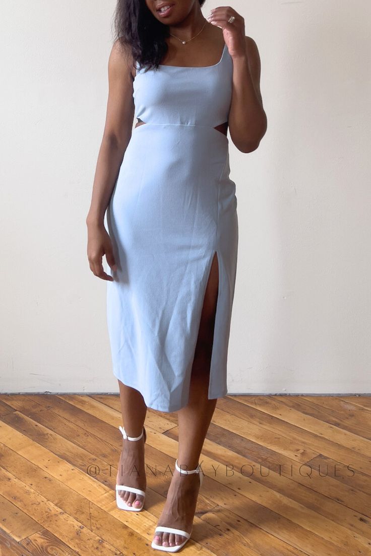 This beautiful delicate blue midi dress is the perfect combination of elegance and femininity. Featuring an elegant bodycon body, the cutouts are just the right balance of being feminine and sensual and not too tacky. Being Feminine, Cutout Midi Dress, Cut Out Midi Dress, Classy Dresses, Blue Midi Dress, Classy Women, Classy Dress, Beautiful Blue, Classy Outfits