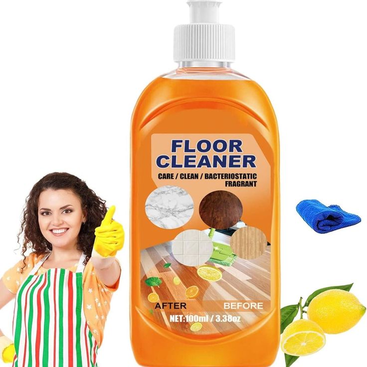 a woman holding a bottle of floor cleaner next to lemons and cleaning mitts