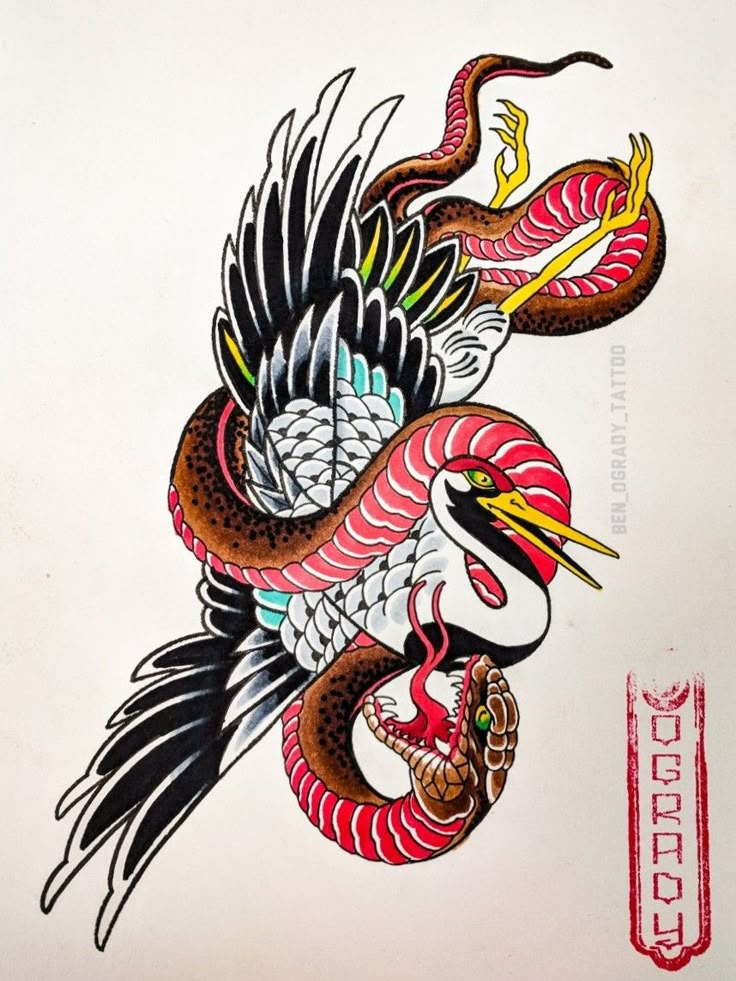 a drawing of a bird with two snakes on it's back