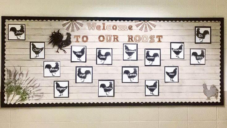 a welcome to our roost sign with roosters and hens on the wall