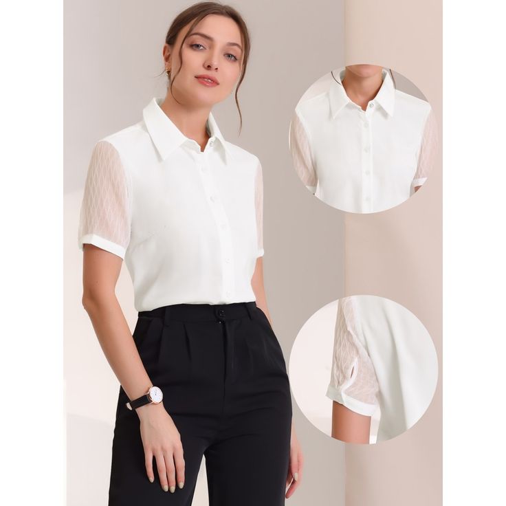 This solid shirt top adds to your choice for the summer. With the design of the point collar and sheer short sleeves, this top can make you look slim. Perfectly pair it with pants or skirts for a work style. Suitable for many occasions, work, formal, business casual, daily wear, casual, weekend gathering, dating, etc. Classic Sheer Collared Tops, Classic Sheer Blouse For Work, Classic Sheer Top For Office, White Lapel Collar Blouse For Office, Classic Sheer Blouse For Office, Solid Color Summer Workwear Blouse, Solid Summer Workwear Blouse, Summer Workwear Blouse, Elegant Sheer Collared Blouse