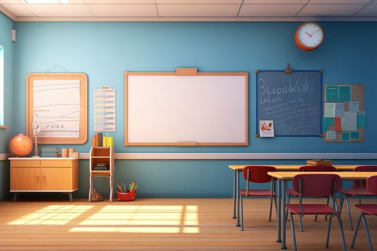 an empty classroom with desks, chairs and a large whiteboard on the wall