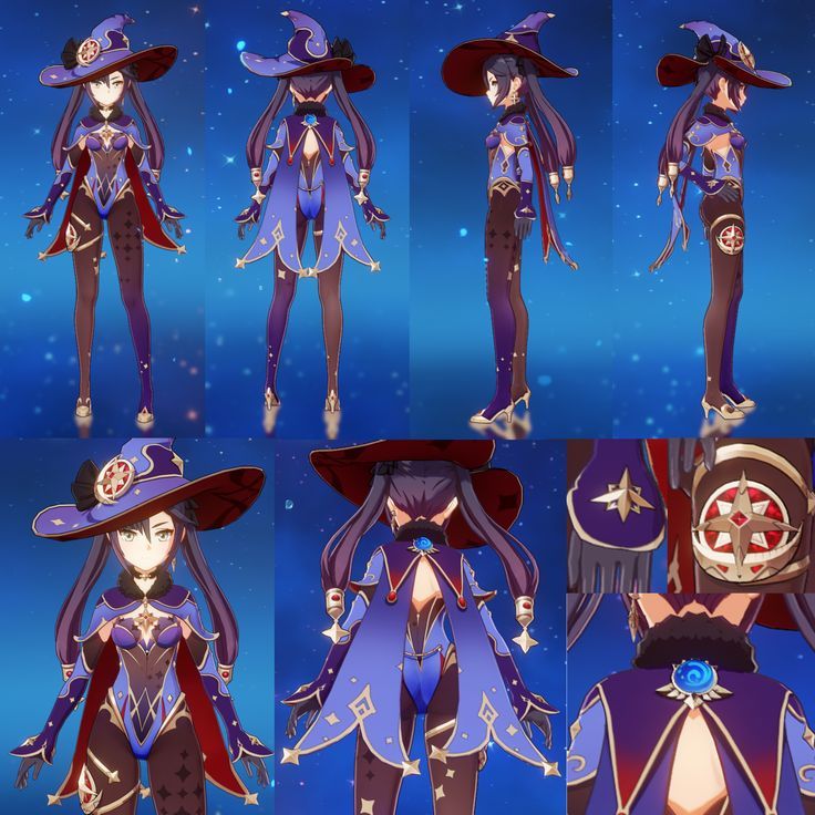 several images of an anime character in different outfits and hats, all with long hair