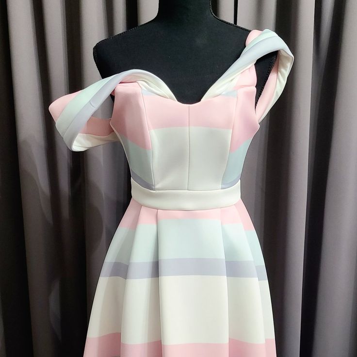 This Amazing Design Is Made To Flow Off The Shoulders, Completely Backless Into A Flowing High Low Dress, Sweetheart Cut To Hug The Bust Line And Flow Into A High Low Bottom. Size Small | Usa 2-4 34-36.5 Inch Bust 25.5-28 Inch Waist 35.5-38 Inch Hips Pastel Sleeveless Dress For Party, Pastel Sleeveless Party Dress, Elegant Multicolor Off-shoulder Dress, Chic Fitted Pastel Dresses, Elegant Fitted Pastel Dresses, Peacock Feather Dress, Dresses Pastel, Belted Wrap Dress, Red And Black Flannel