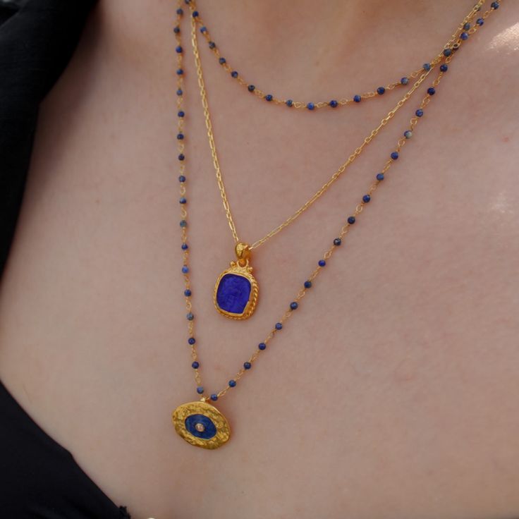 Inspired by the Bosphorus color blue, this gorgeous handmade necklace tell us beauty of the Bosphorus.  In ancient times to the present day, it is believed that lapis lazuli brings inner peace and provides spiritual protection.  Gold plated silver, Lapis Lazuli When storing the jewelry:  We advise you to preserve the silver jewelry in the box that you will receive to prevent scratches, humidity and oxidation caused by air.  When using the jewelry:  Avoid contact with chemicals, makeup, perfume. Gold Lapis Lazuli Spiritual Necklace, Gold Lapis Lazuli Necklace With Gemstone Beads, Gold Lapis Lazuli Gemstone Necklace, Gold Necklaces With Lapis Lazuli Gemstone Beads, Gold Necklace With Lapis Lazuli Gemstone Beads, Lapis Lazuli Gemstone Beads Pendant Necklaces, Lapis Lazuli Gemstone Beads Pendant Necklace, Lapis Lazuli Pendant Necklace With Gemstone Beads, Lapis Lazuli Pendant Necklace With Natural Stones