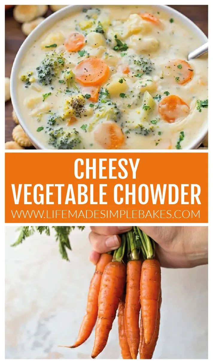 a bowl of cheesy vegetable chowder with carrots and broccoli