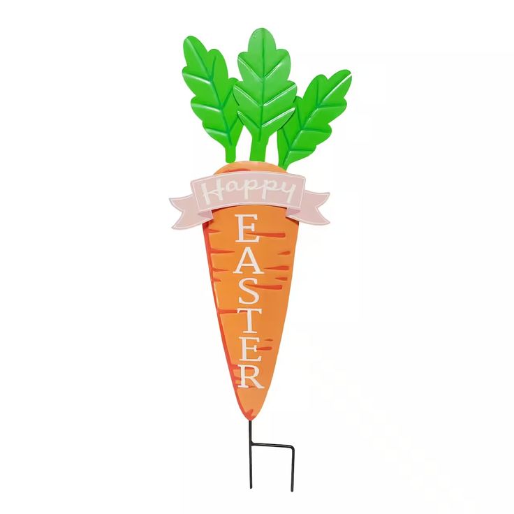 a carrot shaped sign with the words happy easter on it's side and two green leaves sticking out of it