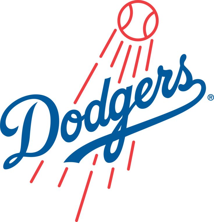 the dodgers logo is shown in blue and red