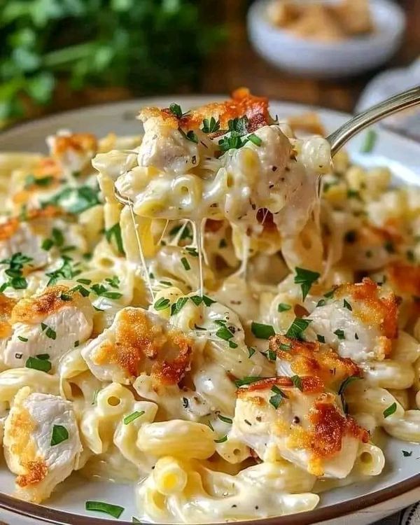 a spoon full of macaroni and cheese with parsley on the fork in a bowl