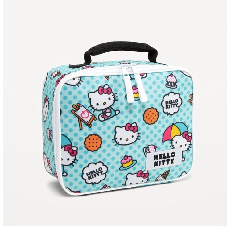 Hello Kitty By Sanrio Lunch Box Zip Tote Bag New With Tag Cupcakes, Hello Kitty, And Polka Dot Print Measurements Approx: 9.5 X 7.5” Depth: 3” Exterior: 100% Polyester Interior: 100% Peva Cute Versatile Zip Bag For Work/School Lunch, Food, Vacation, Snacks On The Go, Travel, Essentials, Makeup, Organization, Storage, Or Whatever You Like School Lunch Food, Sanrio Lunch, Vacation Snacks, Hello Kitty Lunch Bag, Hello Kitty Lunch, Snacks On The Go, Navy Purse, Kids Totes, Old Navy Kids