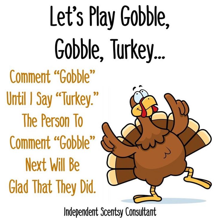 a cartoon thanksgiving turkey saying let's play gobble, gobble, and gobble turkey