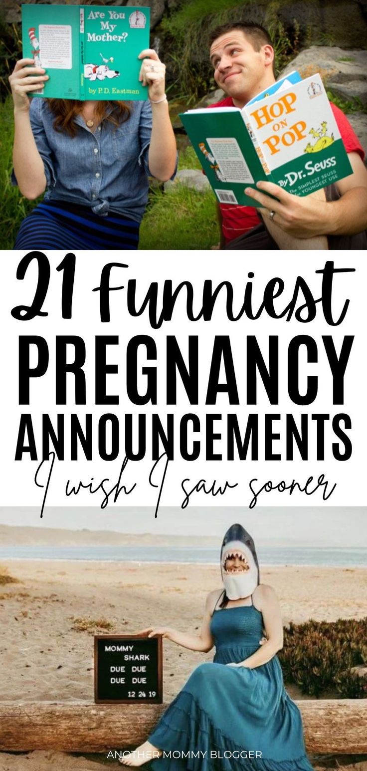 two people sitting on a bench reading books with the title 21 funest pregnancy announcements