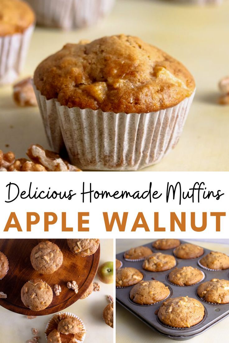 delicious homemade muffins with apples and walnuts in the bottom left hand corner