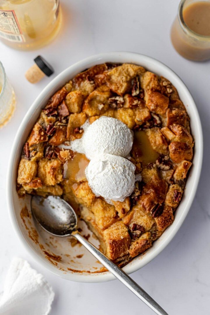 a white bowl filled with dessert and ice cream