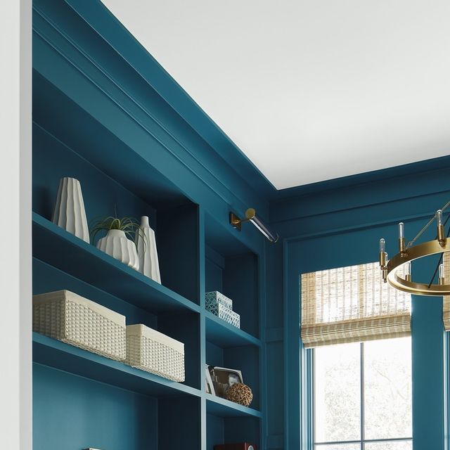 a living room with blue walls and shelves