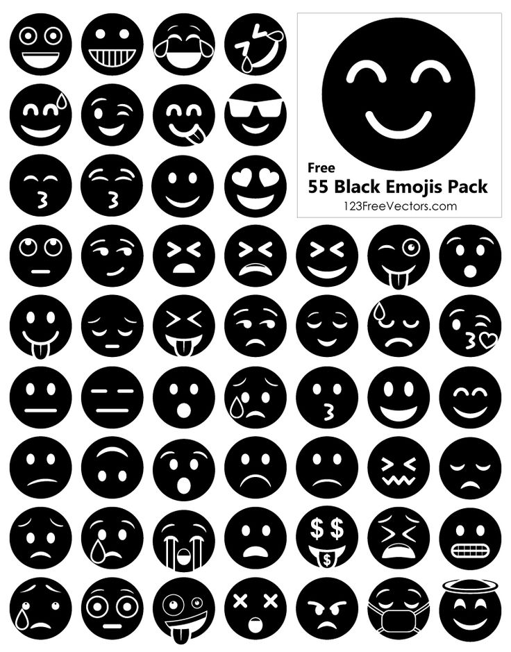 black and white emoticive smiley faces with different facial expressions, all in the same style