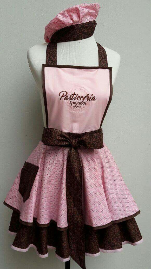 a pink and brown apron on a mannequin