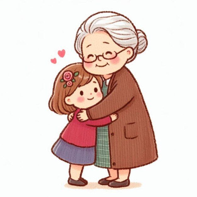 an older woman hugging her granddaughter on the cheek with hearts flying above her head and she is wearing a brown coat