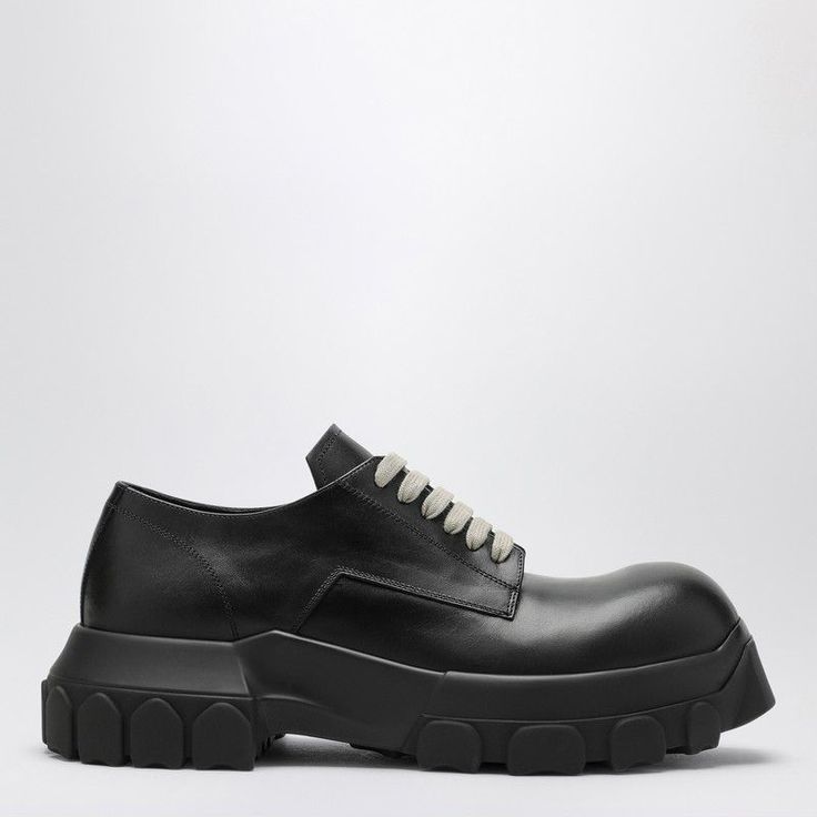 Black Leather Lace-Up By Rick Owens, Featuring A Round Toe, A Lace-Up Closure And A Rubber Lug Sole. Size Type: It Material: Leather Sku: 2f-Ru02d6884lri/P_ricko-99_600 Welcome To The Official Luosophy Poshmark Closet! Luosophy Is A Luxury Brand Reselling Company Founded In San Diego, Ca From 2016. All Our Products Are Imported From Italy And Sold In The Usa. We Do Our Best To Provide High Fashion, Luxury Items At Affordable Prices. We Guarantee All Our Products Are 100% Authentic. Shop With Us Black Modern Leather Shoes With Rubber Sole, Modern Black Leather Shoes With Rubber Sole, Black Leather Shoes With Rubber Sole In Calf Leather, Black Sneakers With Lug Sole And Plain Toe, Black Plain Toe Sneakers With Lug Sole, Black Low-top Platform Leather Shoes, Black Leather Shoes With Lug Sole And Plain Toe, Black Leather Low-top Shoes With Lug Sole, Black Low-top Leather Shoes With Lug Sole