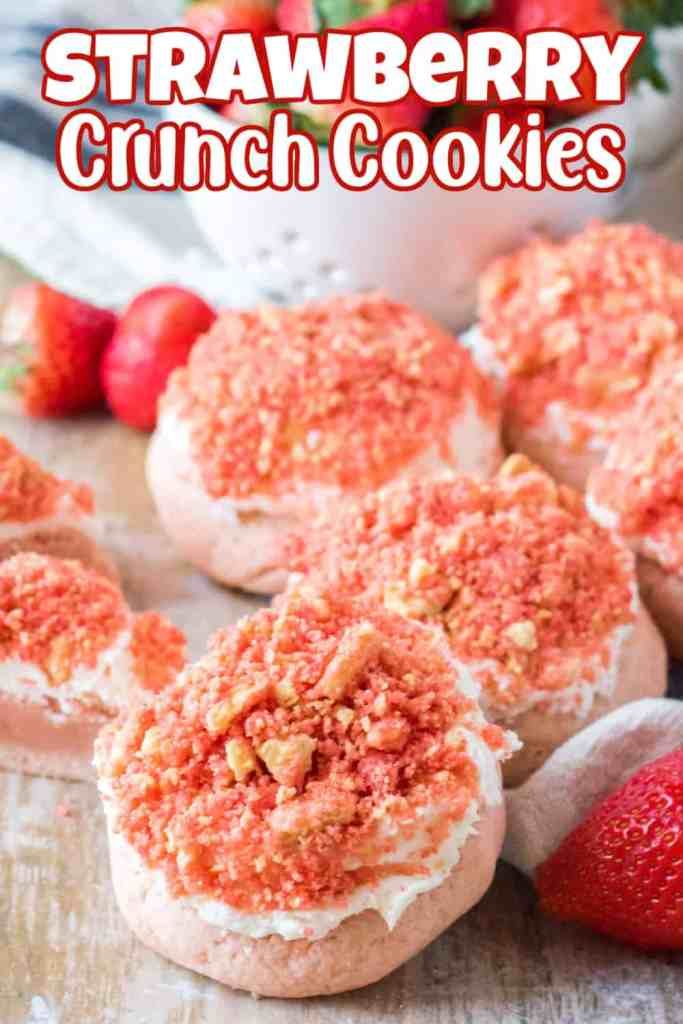 strawberry crumby crunch cookies with strawberries in the background