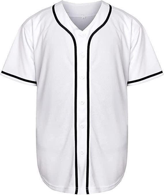 100% Polyester White Jersey is a great sublimation option.  Button up White or Black Baseball jersey  Lightweight  Loose fit Short sleeve  **ALL JERSEYS ARE UNISEX IN SIZE** Cheap White Baseball Jersey For Streetwear, White Baseball Collar Top For Sports Events, Sporty White Short Sleeve Baseball Jersey, White Short Sleeve Sporty Baseball Jersey, White Moisture-wicking Baseball Jersey, White Shirt For Baseball Season, Sporty White Top With Baseball Collar, White Baseball Collar Tops For Sports Season, White Tops With Baseball Collar For Sports Season