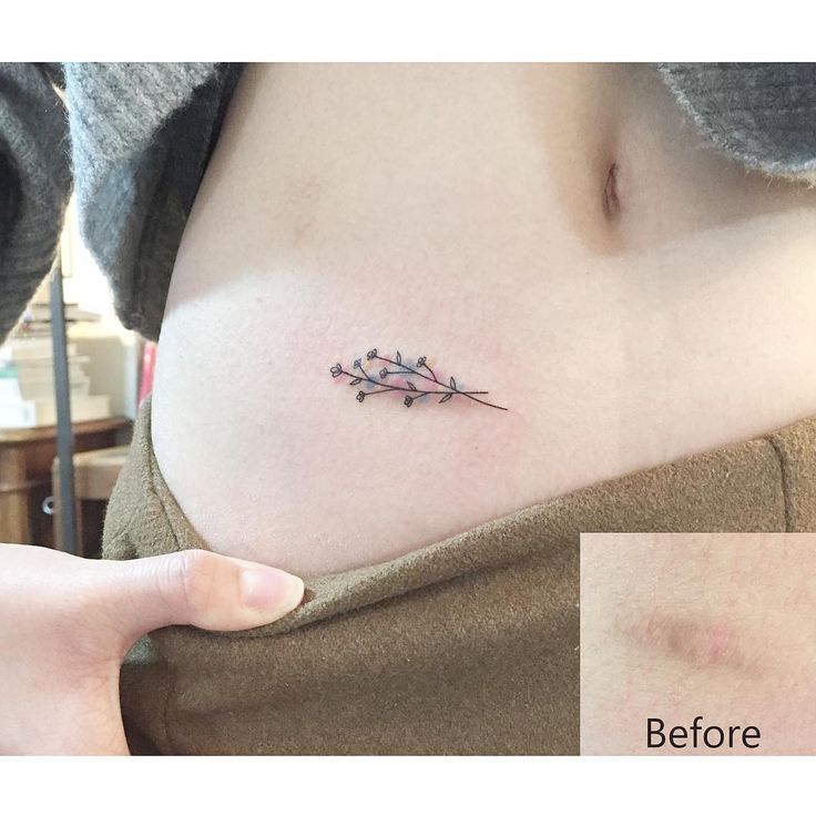 a woman's stomach with a small tattoo on her left side, before and after it has been inked