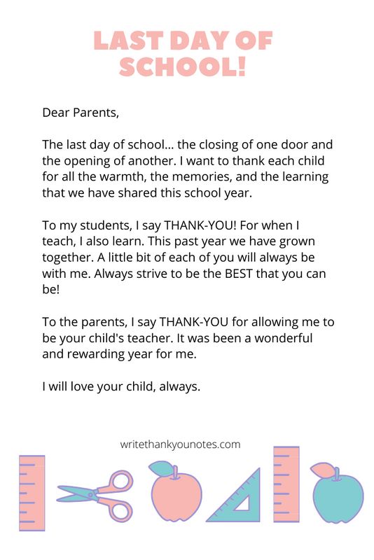 the last day of school letter from an elementary student to her teacher, with text that reads