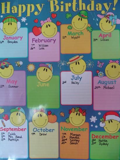 a happy birthday calendar with smiley faces on it