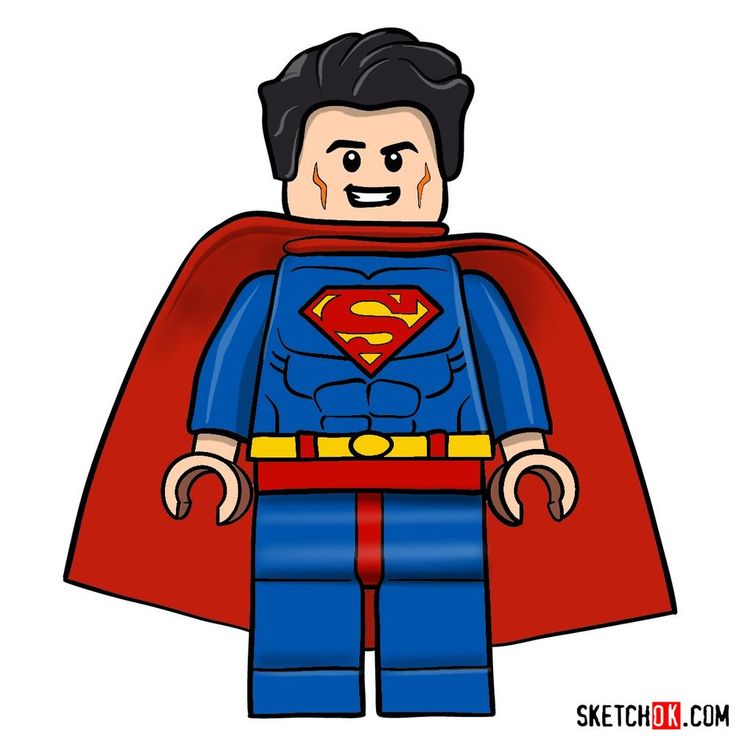 a lego man with a red cape and blue shirt