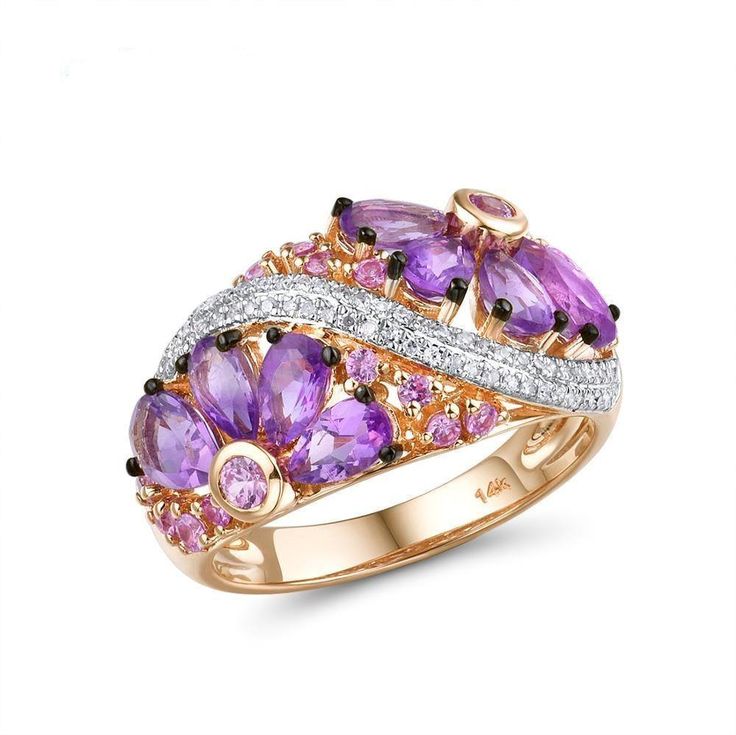 Genuine 14K Rose Gold Ring For Women Shimmering Diamond Fancy Pink Sapphire Amethyst Fantastic Wedding Band Fine Jewelry - jewelrycafee Rose Gold Flower Ring, Gold Ring For Women, Mystic Topaz Ring, Real Diamond Rings, Gold Flower Ring, Amethyst And Diamond Ring, Gold Beauty, Pink Sapphire Ring, 14k Rose Gold Ring