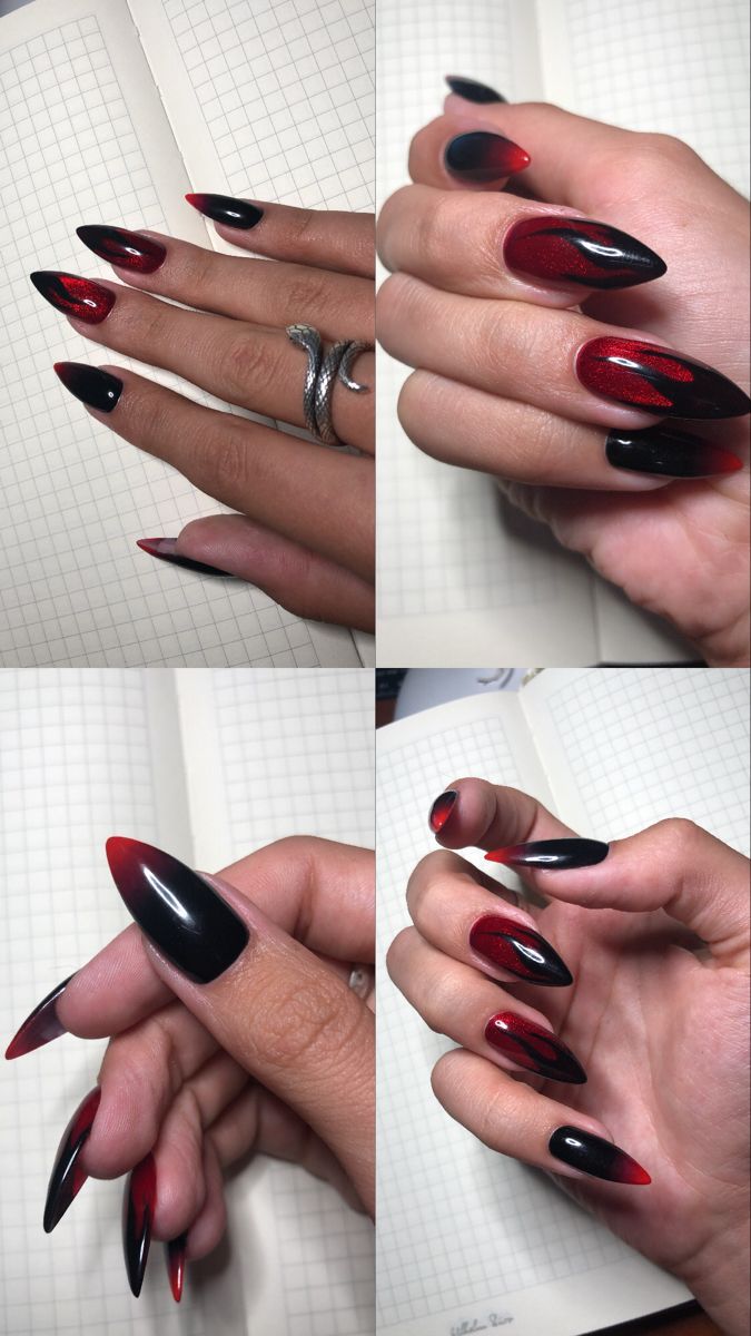 Step into the New Year with style - explore chic and sparkling nail designs! Red Nails Flame Design, Black Nails Red Flames, Black And Red Nails Design Ideas, Red Lightning Nails, Black And Red Nails Ideas Goth, Red And Black Formal Nails, Red Witch Nails, Black And Red Goth Nails, Black And Red Gel Nails