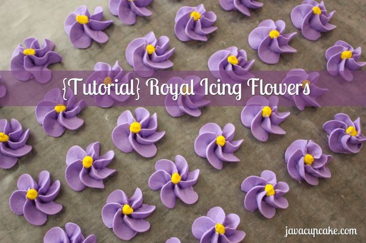 purple fondant flowers with yellow centers are on a sheet of paper and the words, how to make royal icing flowers