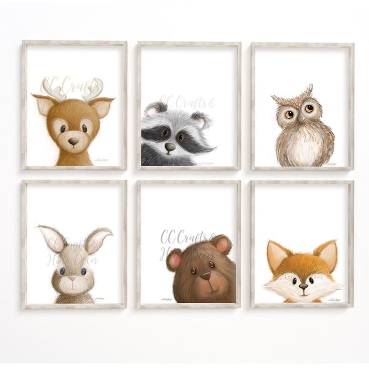 four different pictures of animals in frames on a white wall with the words hello little one above them