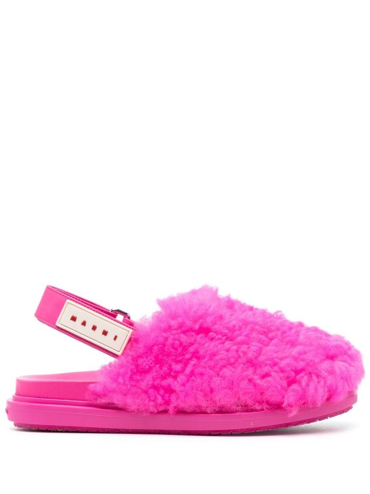 hot pink calf leather sheepskin calf hair logo waistband buckle-fastening ankle strap logo patch to the rear round toe flat rubber sole Shearling Sandals, Marni Sandals, Hair Logo, Calf Hair, Slingback Sandal, Mule Clogs, Mules Shoes, Missoni, Valentino Garavani