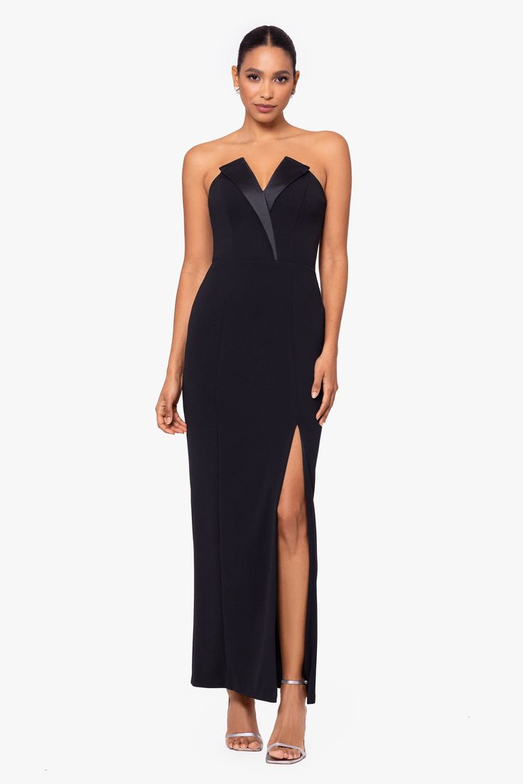 Indulge in luxury with our "Violette" Long Strapless V Neck Tuxedo Dress. Crafted from premium Scuba Crepe material and fully lined for a flawless fit, this stunning dress features a hidden back zipper and a sophisticated V-neckline. The strapless design and tuxedo style add a touch of elegance, while the slit detail adds a subtle hint of allure. Elevate your wardrobe with this exclusive piece. PRODUCT DETAILS: Material: Scuba Crepe Lining: Fully Lined Closure: Hidden Back Zipper Details: Strapl Tuxedo Dresses For Women, Tuxedo Dresses, All White Party Dresses, Bodice Prom Dress, Missy Dresses, Neutral Dresses, Shimmery Dress, Military Ball Dresses, Day To Night Dresses