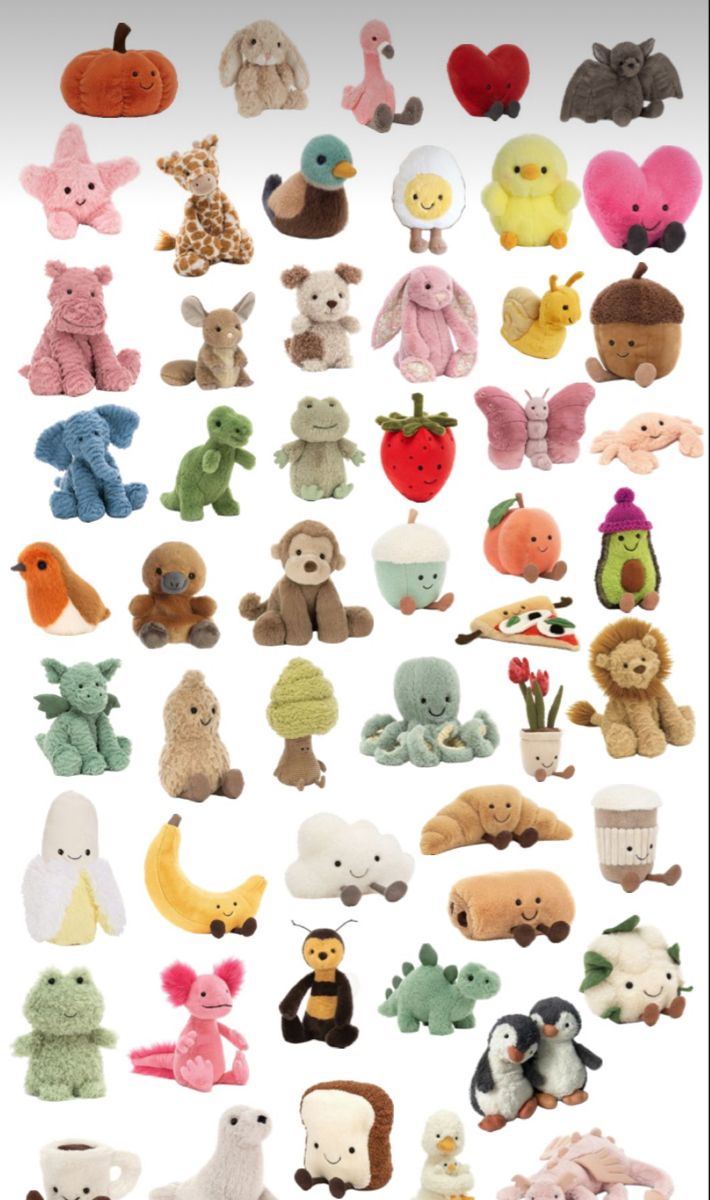 many different stuffed animals are arranged in rows