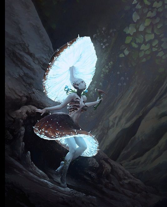 a fairy is standing in the middle of a cave