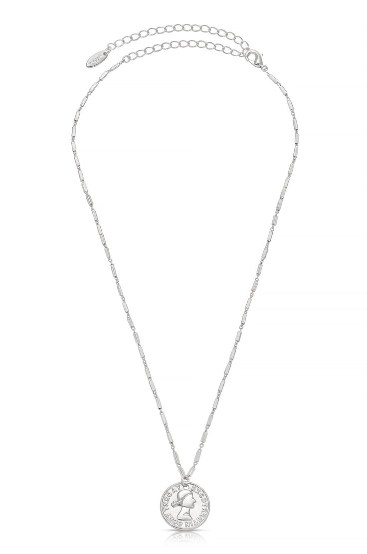 18kt gold plated or Rhodium Brass, Steel + Zinc Set of 3 Nickel Free Small Coin Necklace: 15 Inches + 5 Inch extender Medium Coin Necklace: 16 Inches + 5 Inch extender Large Coin Necklace: 17 Inches + 5 Inch extender White Gold Necklace With Figaro Chain Link, White Gold Figaro Chain Necklace With Rectangular Links, Link Delicate Chain Necklace For Anniversary, Delicate Link Chain Necklace For Anniversary, Sterling Silver Figaro Chain Necklace For Formal Occasions, Formal White Gold Charm Necklace With Adjustable Chain, White Gold Pendant Necklace With Adjustable Chain, White Gold Figaro Chain Necklace Pendant, White Gold Figaro Chain Pendant Necklace