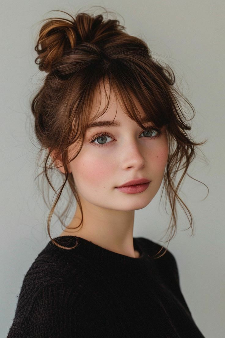 Messy Updo With Bangs, Undone Hairstyles, Updo With Bangs, Zicxa Photos, Classic Wedding Hair, French Braid Hairstyles, Messy Bun Hairstyles, Trendy Hair Color, Hair Essentials