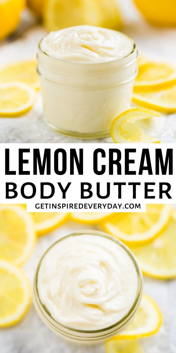 lemon cream body butter in a glass jar with sliced lemons around it and the text overlay reads, lemon cream body butter