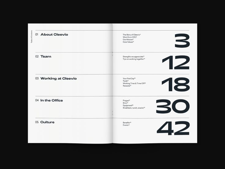 an open brochure with numbers on the front and back pages in black background