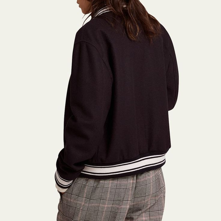 Golden Goose compact wool-blend bomber jacket with striped trim  and embroidered logo at chest Stand collar Long sleeves Classic fit Hem sits at the hip Snap-front closure Virgin wool/polyamide Dry clean Made in Italy Chest Stand, Golden Goose, Bergdorf Goodman, Stand Collar, Top Designers, Wool Blend, Bomber Jacket, Tops Designs, Dry Clean