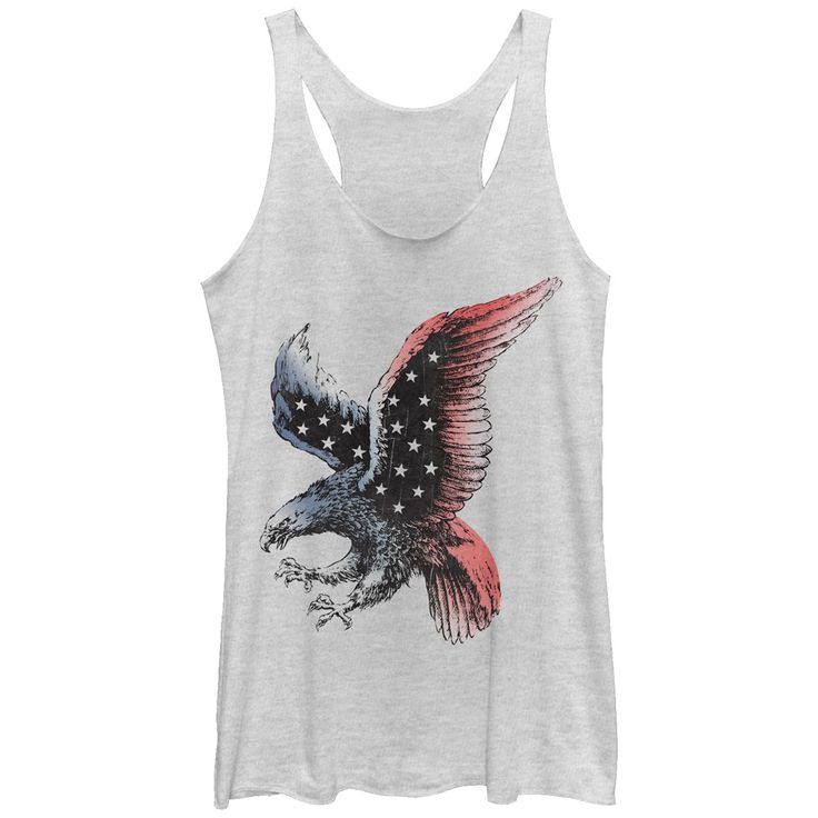 Show off your love for the United States in the Lost Gods Patriotic Eagle Heather White Racerback Tank Top. Grab your American flag and put on this star-spangled tank which features a distressed red, blue, and black eagle in flight with stars on its wings. Size: xl. Gender: female. Age Group: adult. Pattern: Bird. Material: Polyester. Eagle In Flight, Patriotic Eagle, Black Eagle, White Heather, Heather White, In Flight, White Tank Top, Direct To Garment Printer, Blue And Black