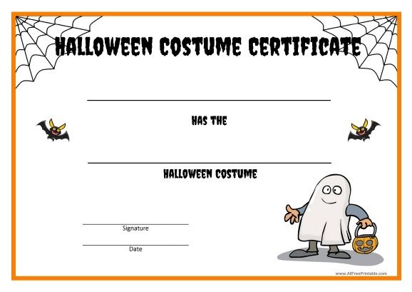 a halloween costume certificate with a ghost holding a pumpkin