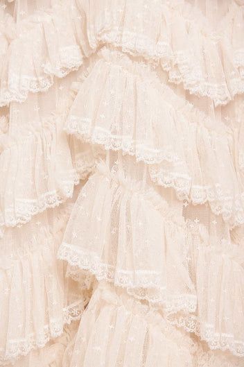 Libby Lace Gown – Champagne | Needle & Thread Tiered Tulle Gown With Ruffles, Party Gown With Lace Ruffles, Lace Dresses With Ruffled Tiered Skirt, Lace Dress With Ruffles And Tiered Skirt, Lace Ruffle Tiered Skirt Dress, Tiered Ruffle Gown For Wedding, Tiered Skirt Ruffle Dress For Wedding, Spring Tiered Ruffle Gown, Pink Lace Feminine Gown