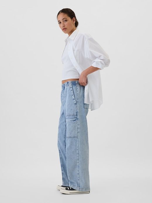 High Rise Wide-Leg Cargo Pull-On Jeans Everyday Utility Medium Wash Bottoms, Utility Wide Leg Recycled Denim Bottoms, Washed Blue Relaxed Fit Bottoms For Work, Utility Wide-leg Recycled Denim Bottoms, Wide Leg Utility Bottoms In Recycled Denim, Light Wash Cotton Jeans For Work, Versatile Light Wash Cotton Jeans, Washed Blue Mid-rise Bottoms For Workwear, Light Wash Bottoms With Patch Pockets For Everyday