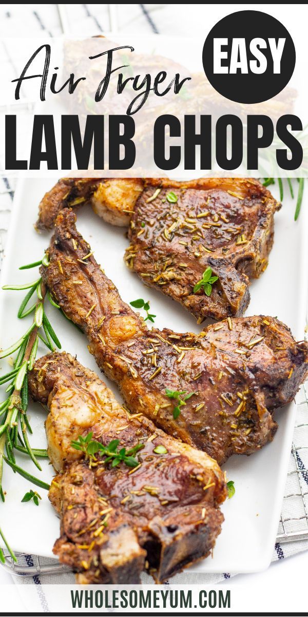 grilled lamb chops on a white plate with rosemary garnish and text overlay